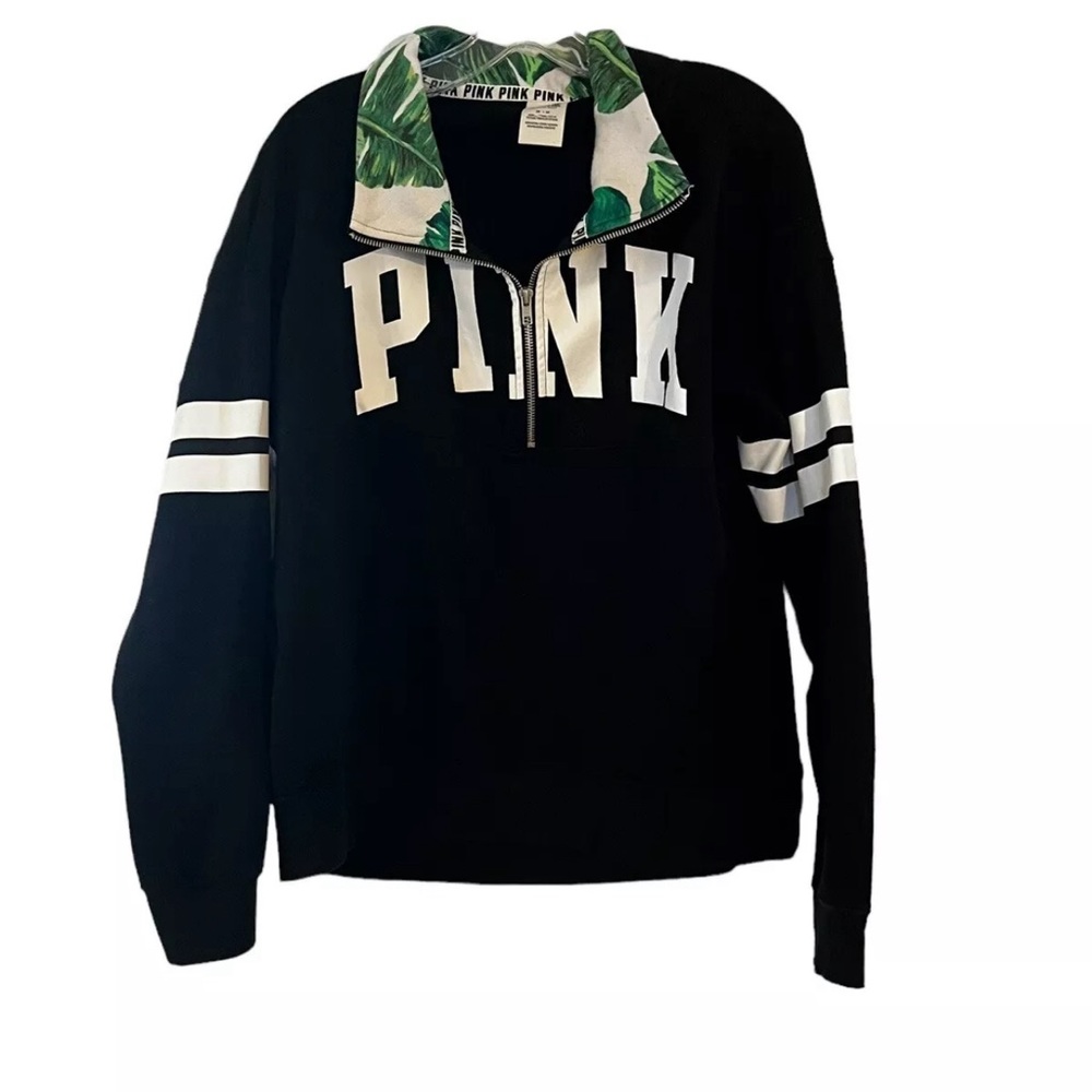 PINK Victoria's Secret Black 1/4 Zip Green  Floral Pullover Sweatshirt  M/M